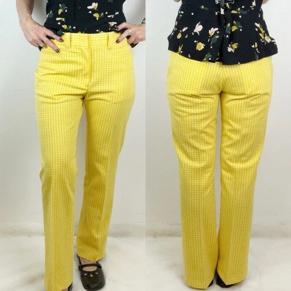 Vintage Women's M Pants Trousers Yellow Gingham 70s Mod Revival Retro Chic MCM - Picture 6 of 12